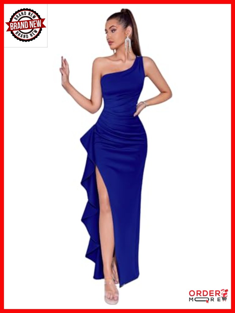 One Shoulder Bodycon Formal Evening Dress With Ruching Floor Length